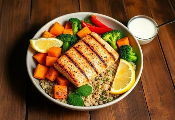 Quinoa Bowl met Gegrilde Zalm en Geroosterde Groenten